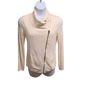 Womens Medium Ivory Moto Jacket Full Zip Stretch Jersey Knit Long Sleeve
